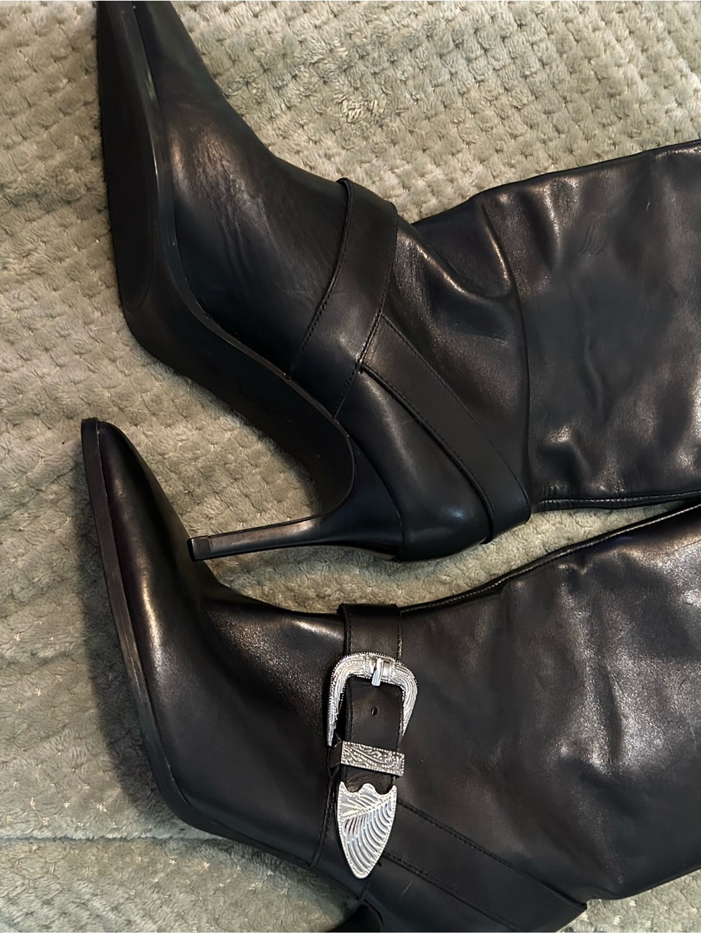 Women's Black Leather Knee-High Stiletto Boots with Cowboy Silver Buckle